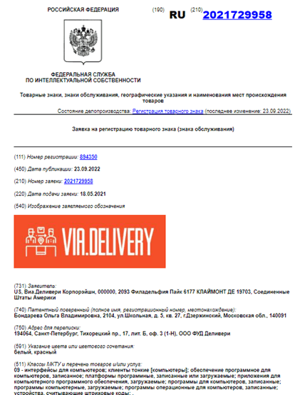 Зарегистрировали товарный знак для платформы доставки Via.Delivery