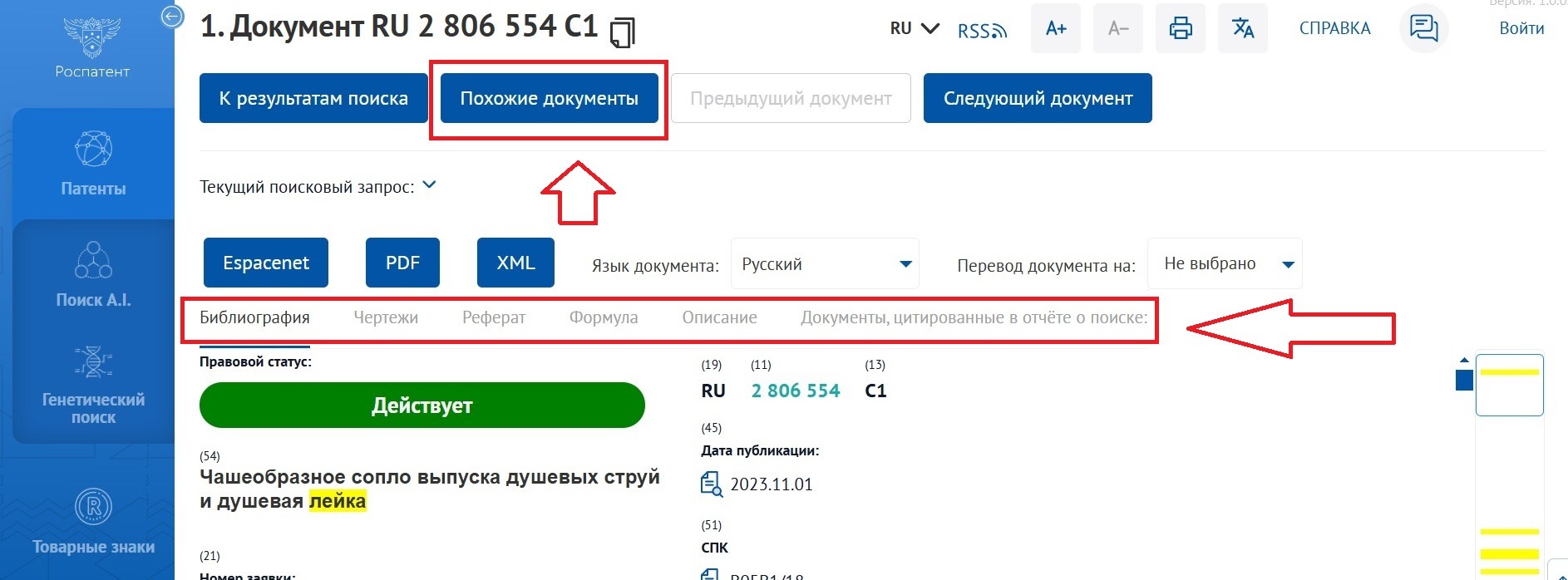 Работа с карточкой патента на платформе Роспатента