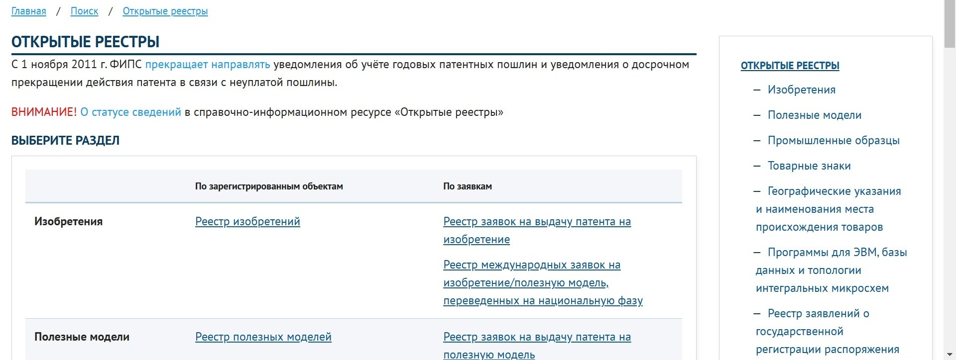 Открытые реестры ФИПС